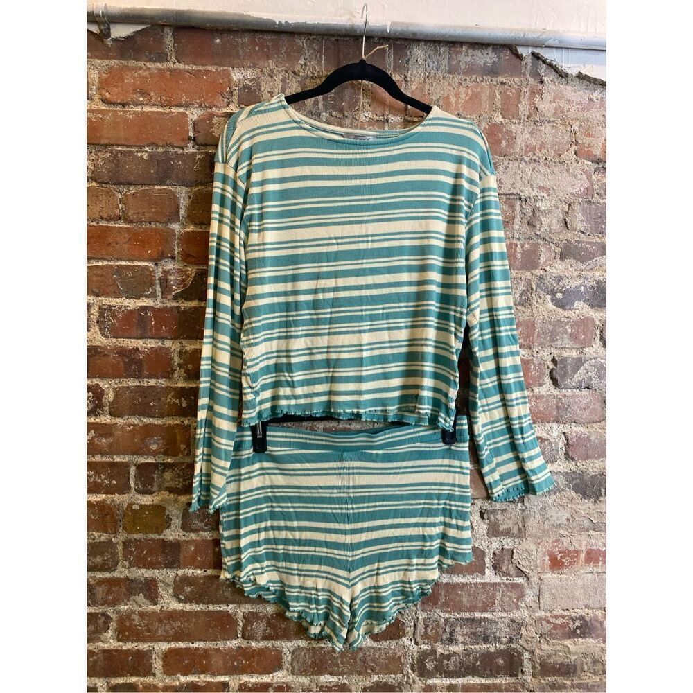 SERRA Teal/Cream Stripe Ribbed Long Sleeve Shorty Shorts 2-piece Pajamas Ladies